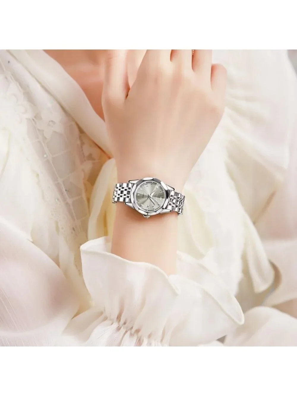 Women’s Grey White Luxury Stainless Steel Waterproof Quartz Analog Dress Watch